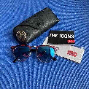 Ray-Ban Red Frame Sunglasses with Blue Lenses